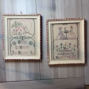 Charming Vintage Cross stitched Framed Sayings 9.5” x12
